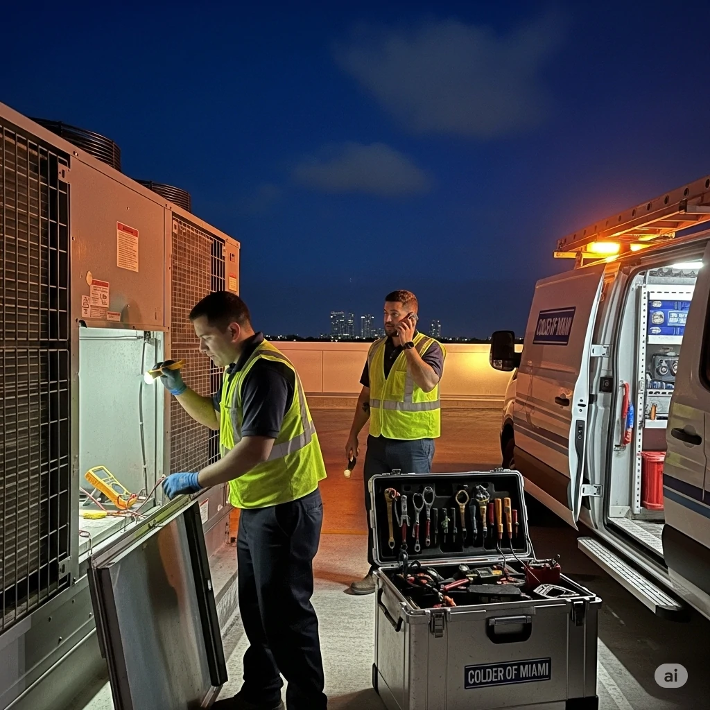Colder of Miami technician providing emergency commercial HVAC service at night. Available 24/7 to restore critical cooling systems for businesses in Miami and Broward County.
