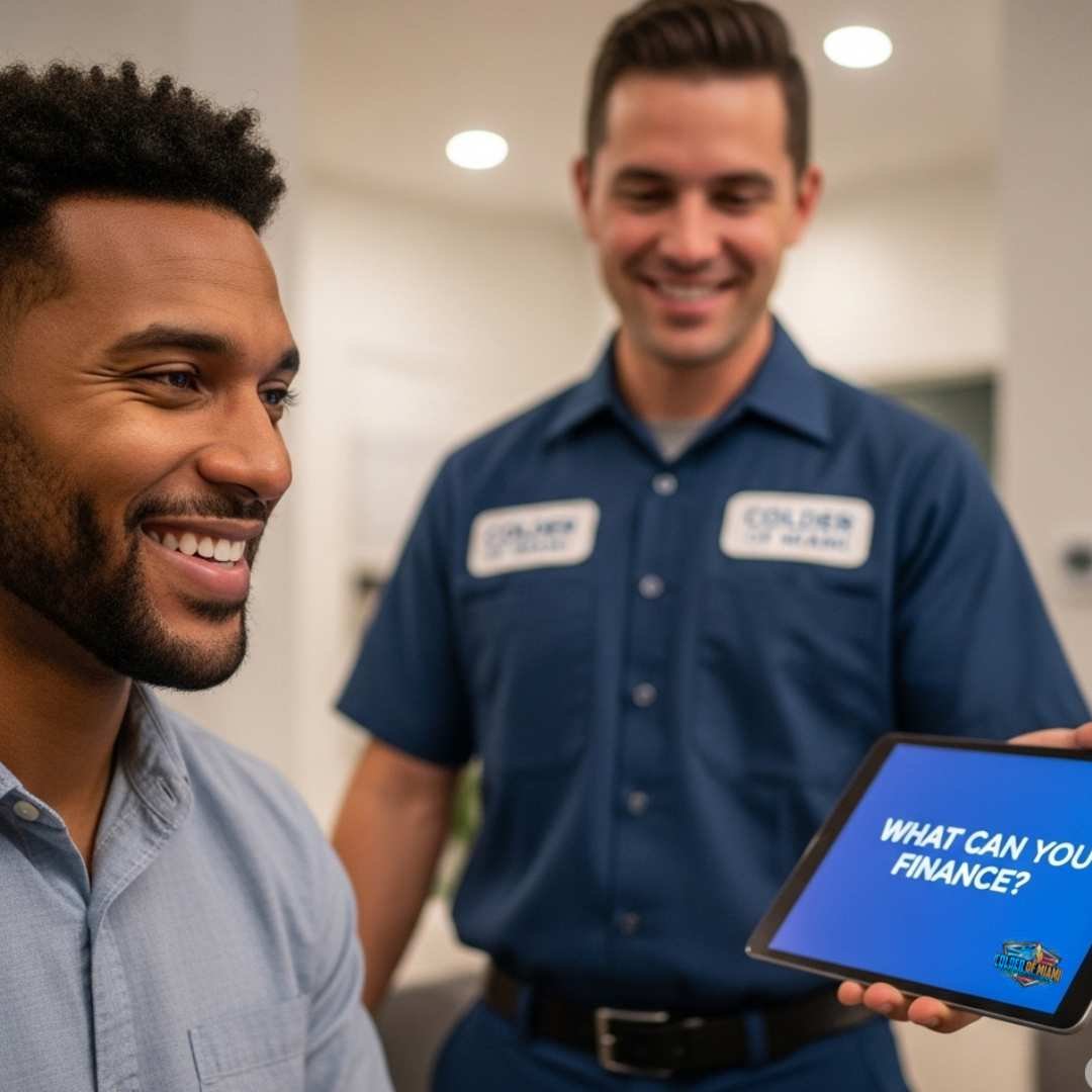 Smiling customer receiving financing options from Colder of Miami technician – tablet shows “What Can You Finance?” during HVAC consultation.