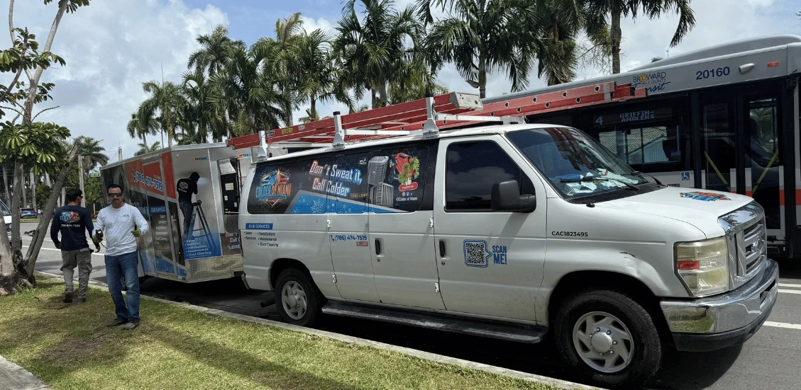 Branded service van from Colder of Miami parked in Broward County, FL, ready for commercial HVAC installations and repairs. Professional technicians equipped for rooftop units, ductwork, and maintenance services.