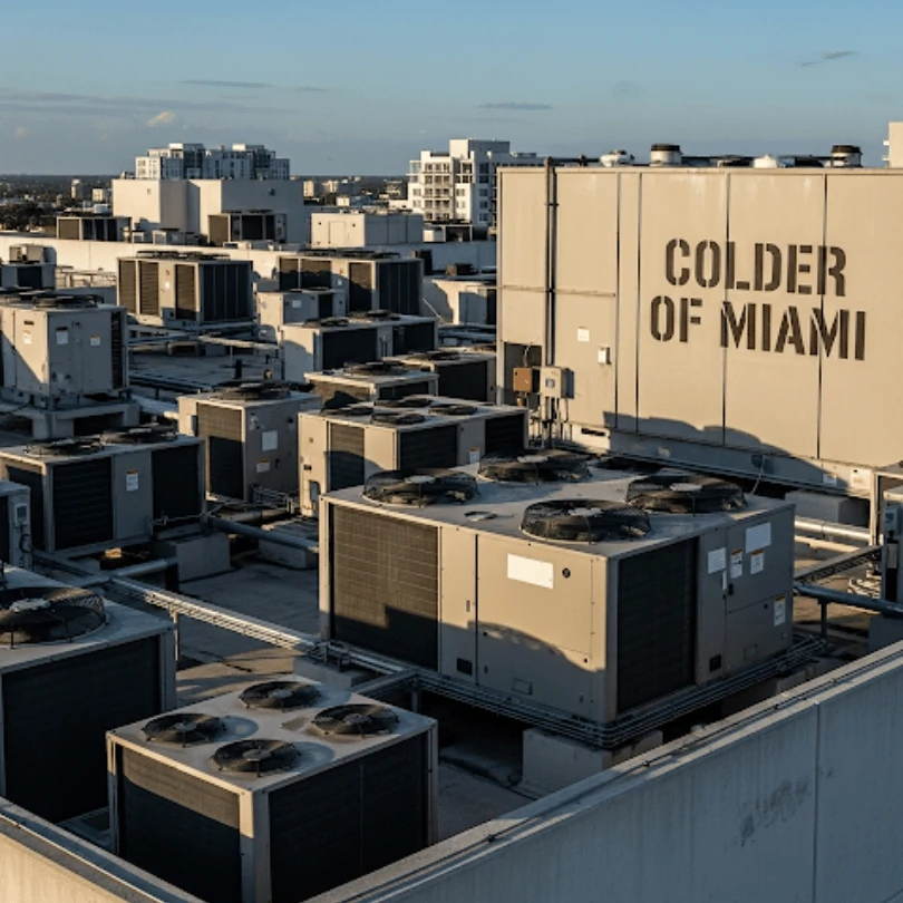 Multiple rooftop HVAC systems installed by Colder of Miami for a commercial property. Scalable cooling capacity and long-term energy efficiency for business facilities.