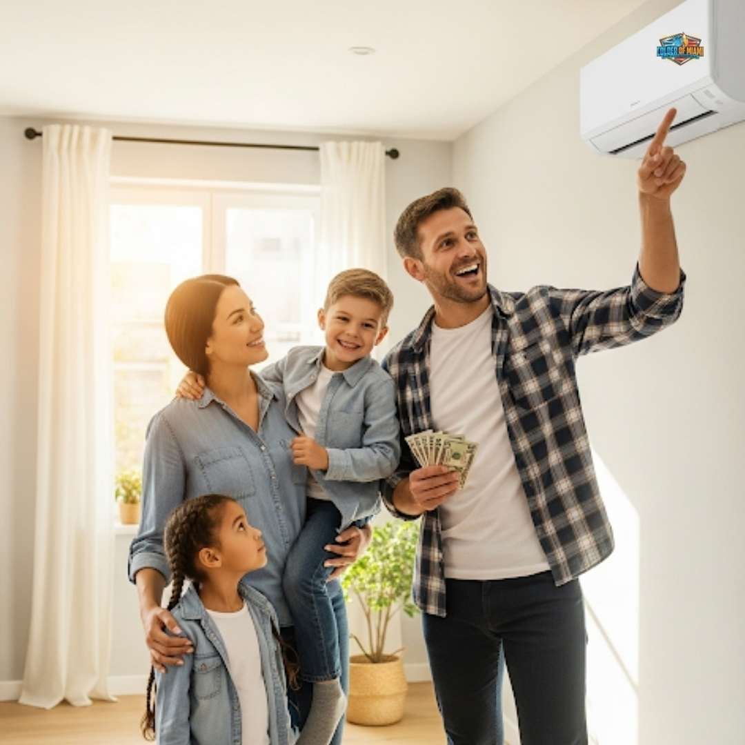 Happy family enjoying new AC system after financing with Colder of Miami – comfort, savings, and fast approval in South Florida.