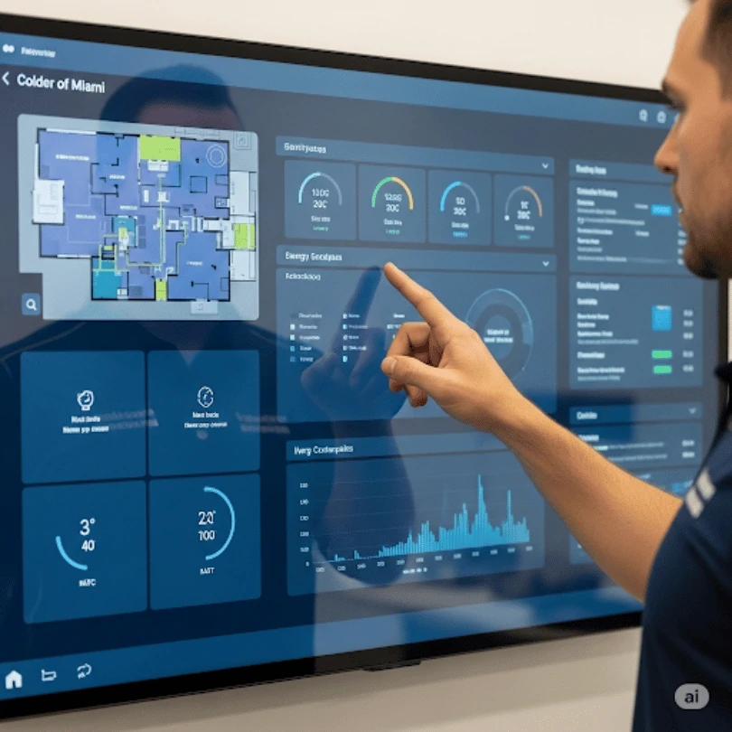 Colder of Miami technician configuring a smart HVAC building automation system. Real-time energy monitoring, zoning control, and optimized performance for commercial buildings in South Florida.