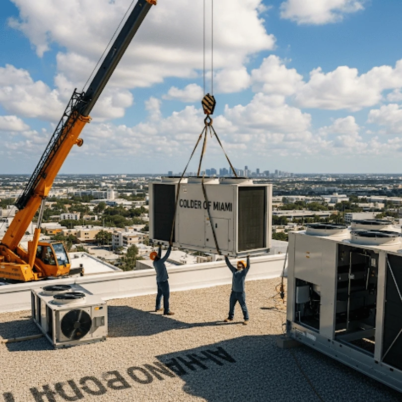 Colder of Miami technician performing commercial AC unit replacement on a rooftop system. Professional installation with precise tools ensures reliable cooling for businesses.