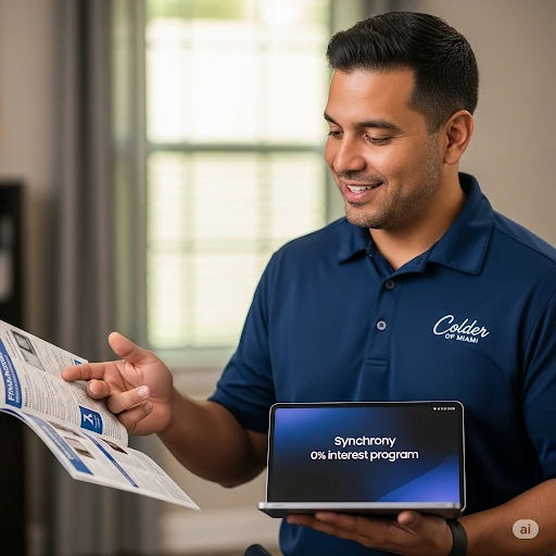 HVAC technician from Colder of Miami showing financing brochure and tablet with Synchrony 0% interest program.