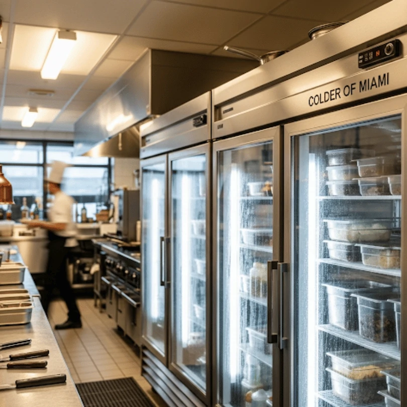 Colder of Miami commercial refrigeration unit installed in a restaurant kitchen. Ideal for walk-in coolers, prep areas, and food-safe temperature control.