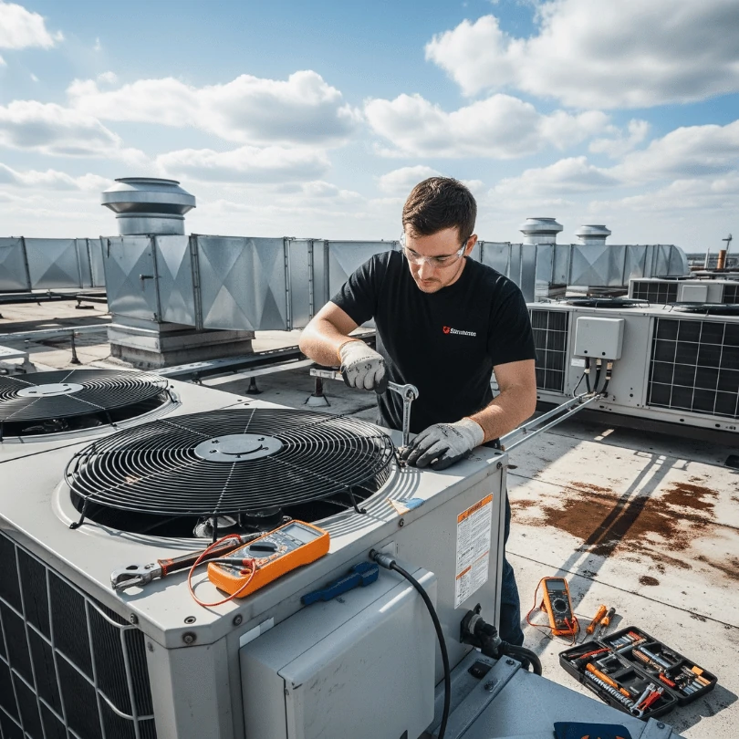 Colder of Miami technician configuring a smart HVAC building automation system. Real-time energy monitoring, zoning control, and optimized performance for commercial buildings in South Florida.