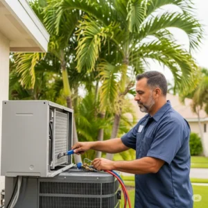 HVAC technician performing AC maintenance in a Florida home with palm trees in the background