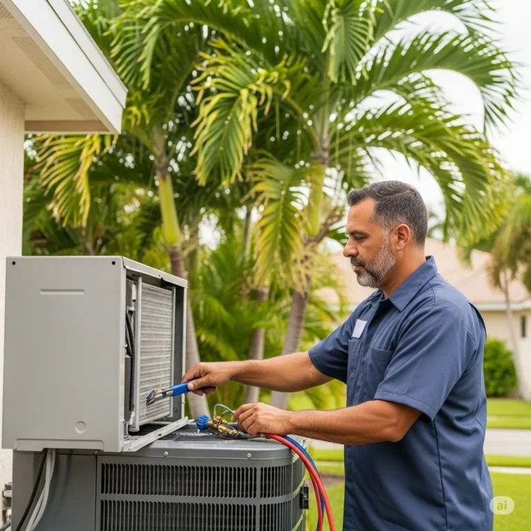 HVAC technician performing AC maintenance in a Florida home with palm trees in the background