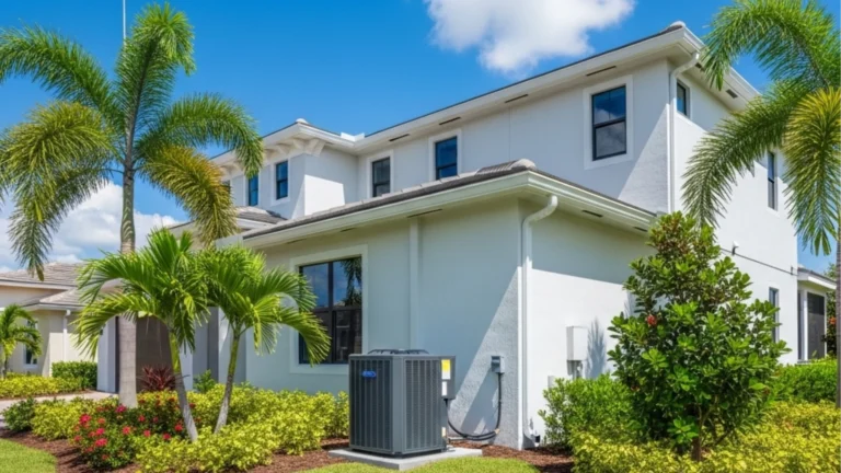 Outdoor air conditioning unit installed in a modern Florida home with tropical landscaping and white stucco walls