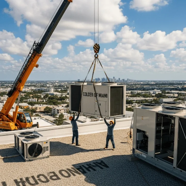 Colder of Miami crane-setting a commercial rooftop HVAC unit in South Florida