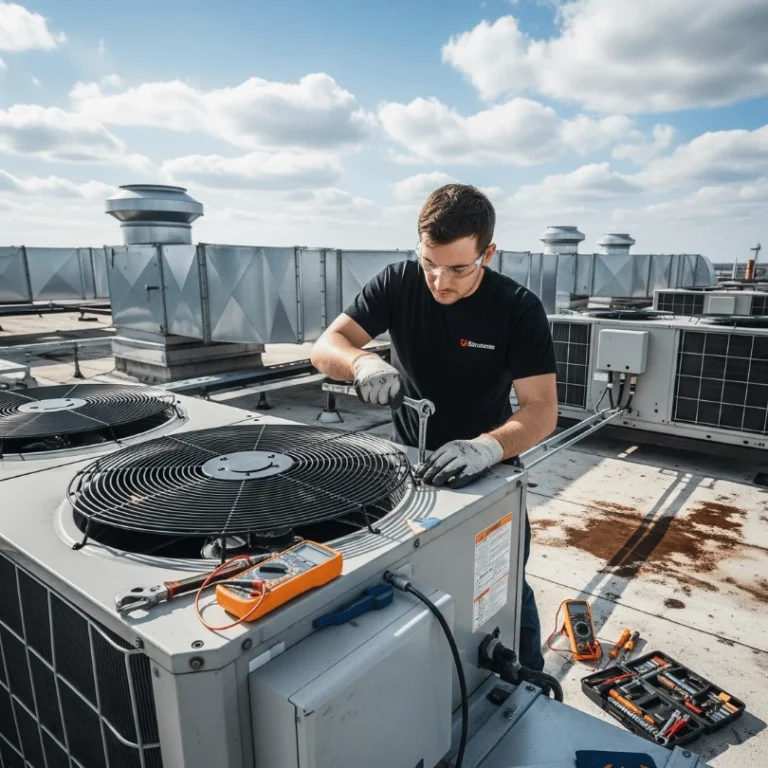 Colder of Miami technician servicing a rooftop commercial AC unit in Fort Lauderdale