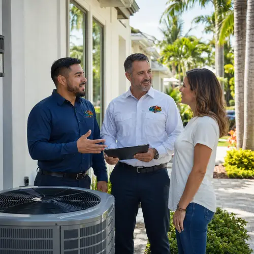 Two Colder of Miami HVAC technicians speaking with a female homeowner next to an outdoor air conditioning unit in Aventura.