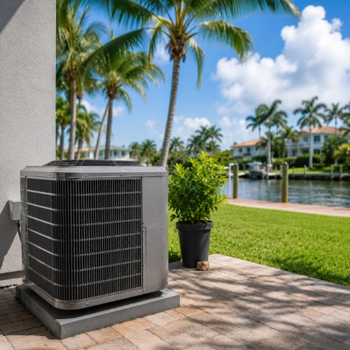 A new outdoor air conditioning condenser unit installed on a paver patio next to a waterfront home in Fort Lauderdale.