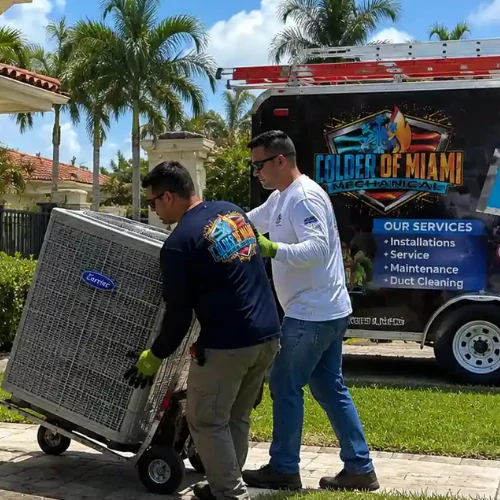 Two Colder of Miami HVAC technicians moving a Carrier air conditioning condenser unit on a hand truck for a local installation service in Fort Lauderdale.