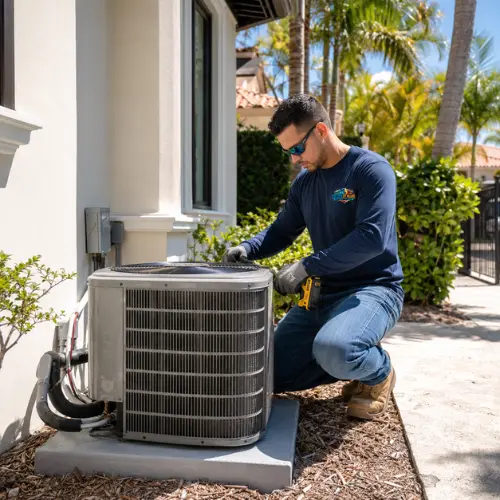 A Colder of Miami HVAC technician kneeling next to an outdoor air conditioning condenser unit to perform diagnostic and repair services at a residence in Miami Gardens.