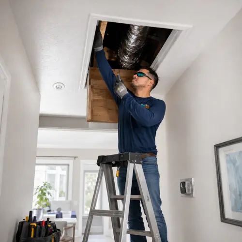 A Colder of Miami HVAC technician standing on a ladder to inspect ceiling air ducts through an attic access panel during an AC repair service in Pembroke Pines.