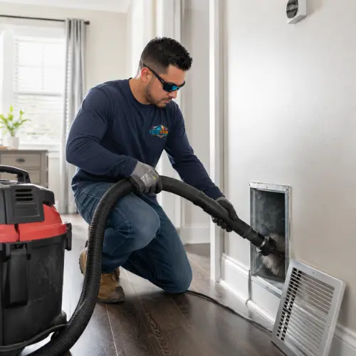 A Colder of Miami HVAC technician using a specialized vacuum and brush to clean a wall air duct during a same-day emergency AC repair service.